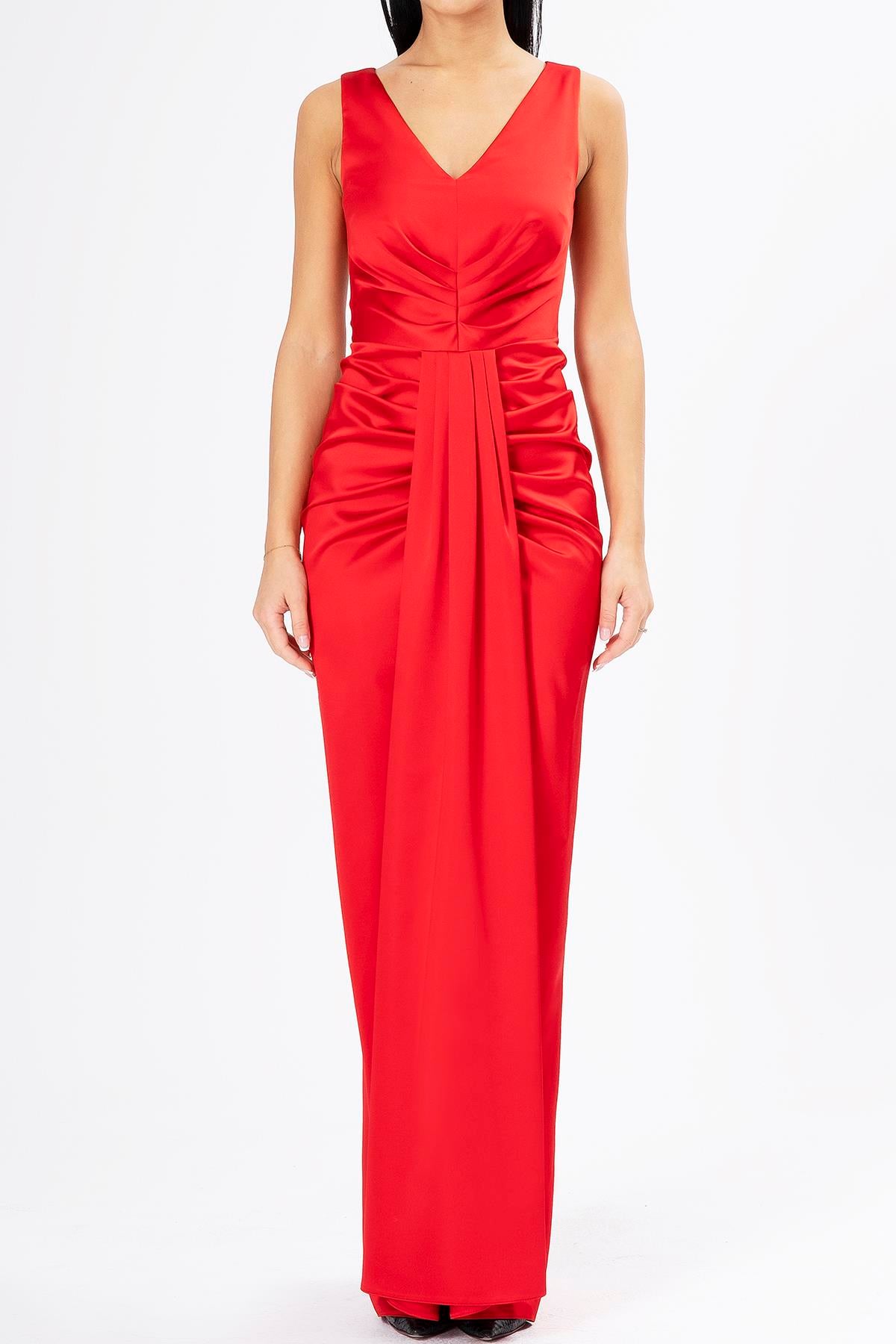 V Yaka Drape Detaylı Saten Elbise