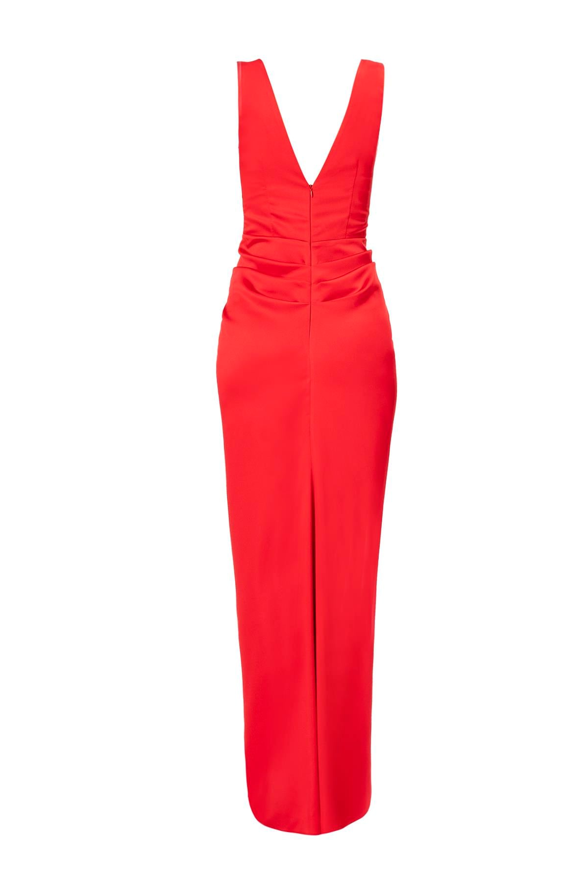 V Yaka Drape Detaylı Saten Elbise