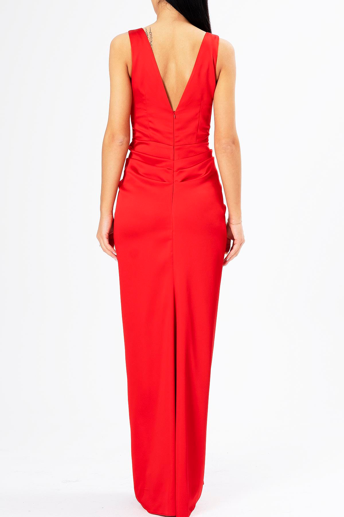 V Yaka Drape Detaylı Saten Elbise