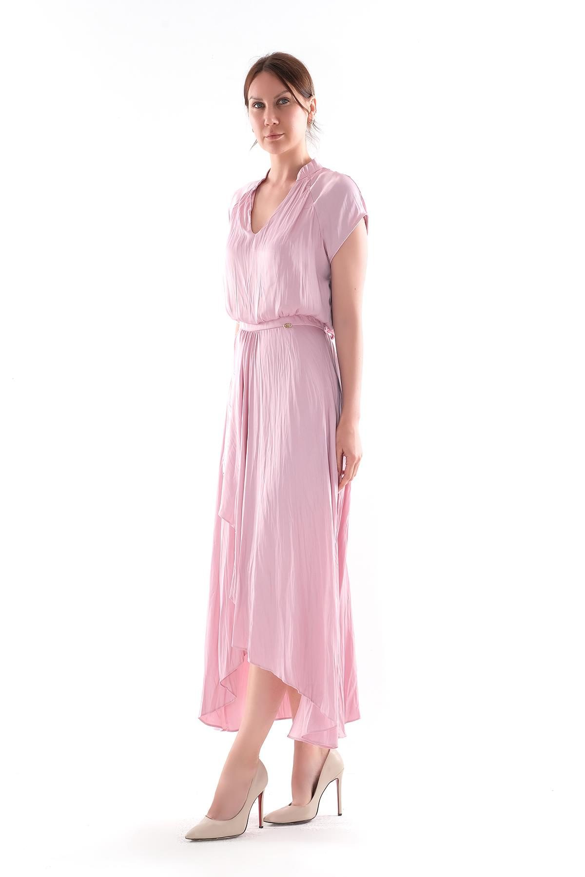 V Yakalı Kruvaze Kapamalı Saten Midi Boy Elbise