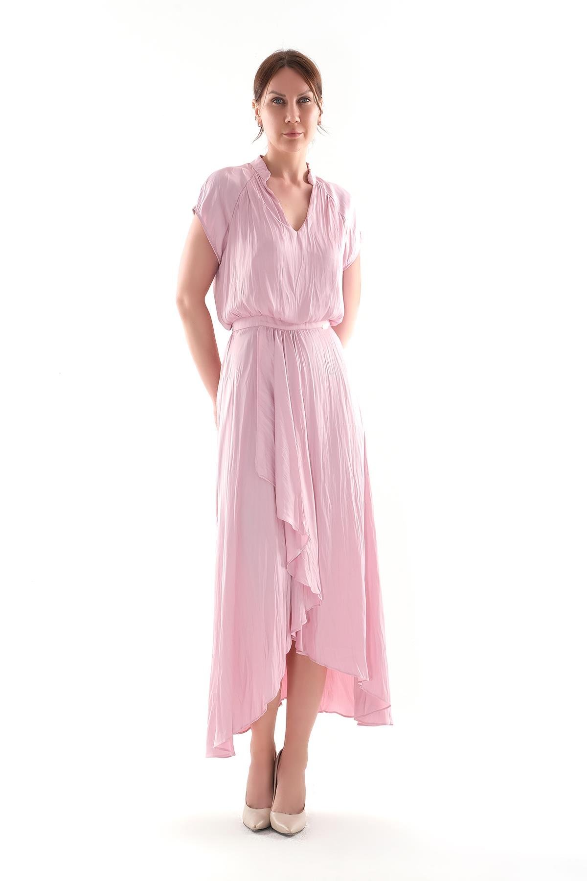 V Yakalı Kruvaze Kapamalı Saten Midi Boy Elbise