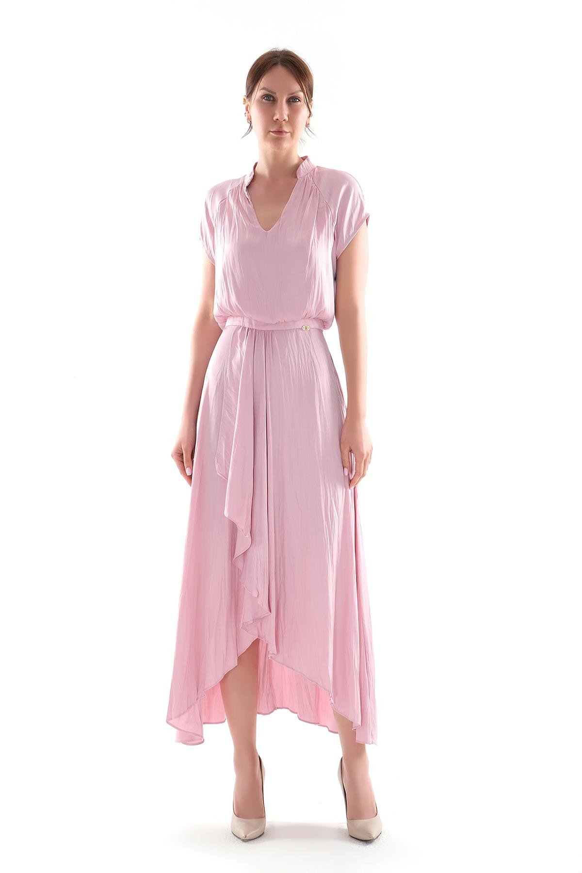 V Yakalı Kruvaze Kapamalı Saten Midi Boy Elbise