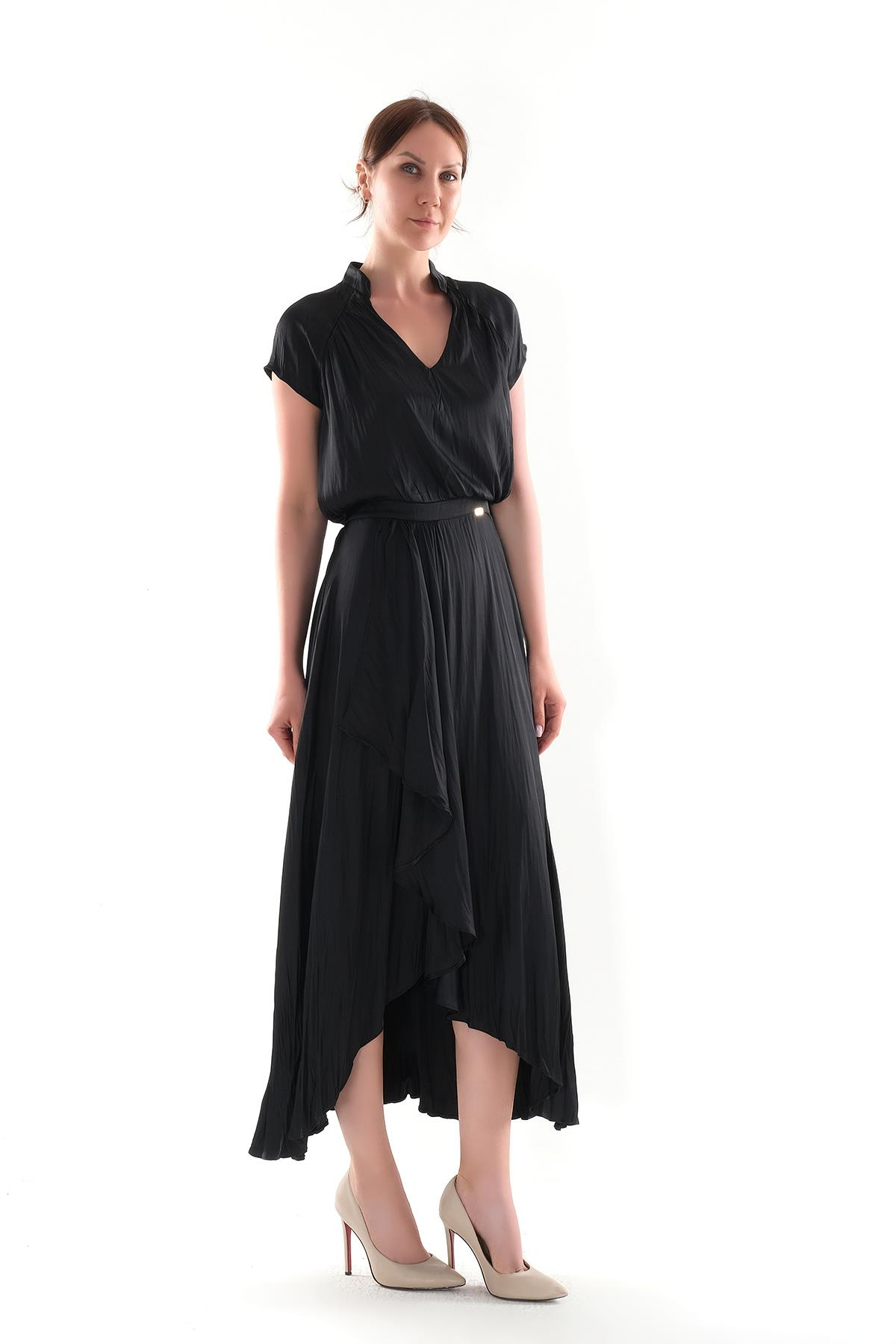 V Yakalı Kruvaze Kapamalı Saten Midi Boy Elbise