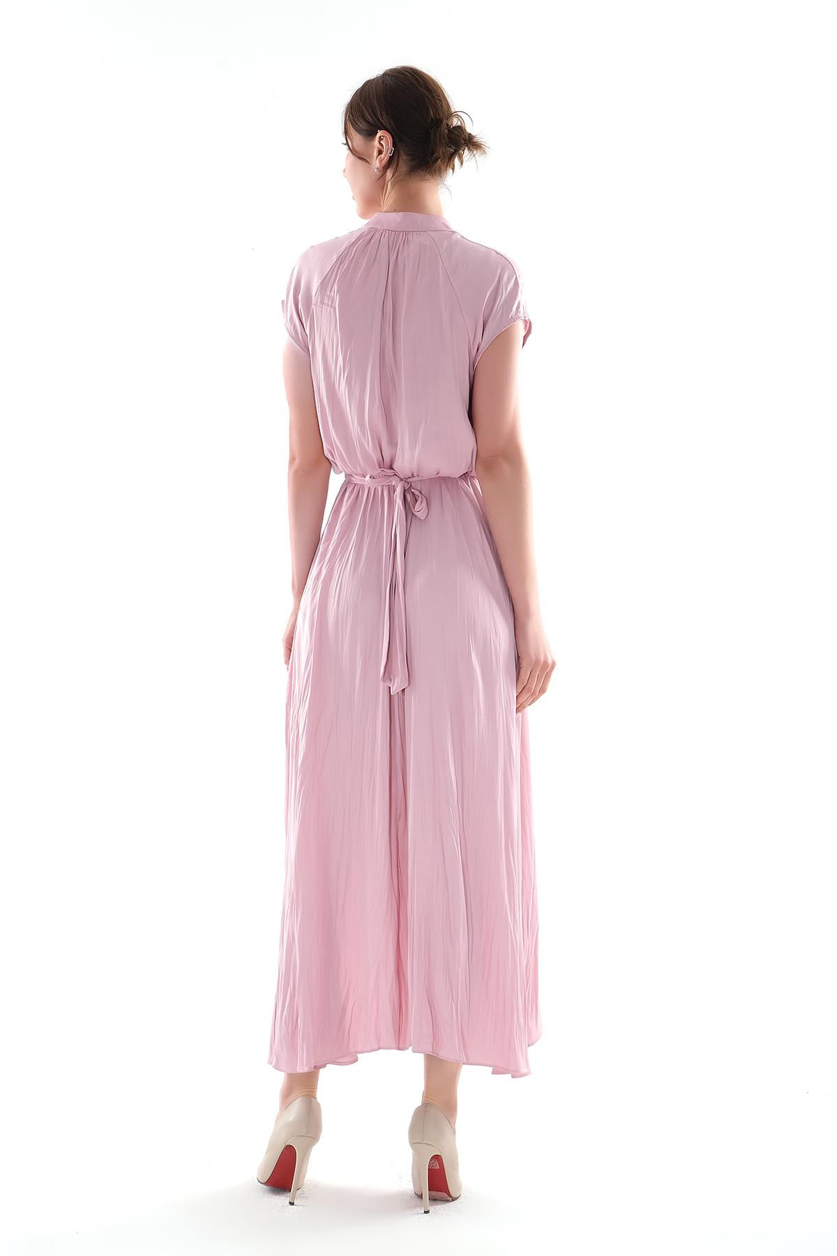 V Yakalı Kruvaze Kapamalı Saten Midi Boy Elbise