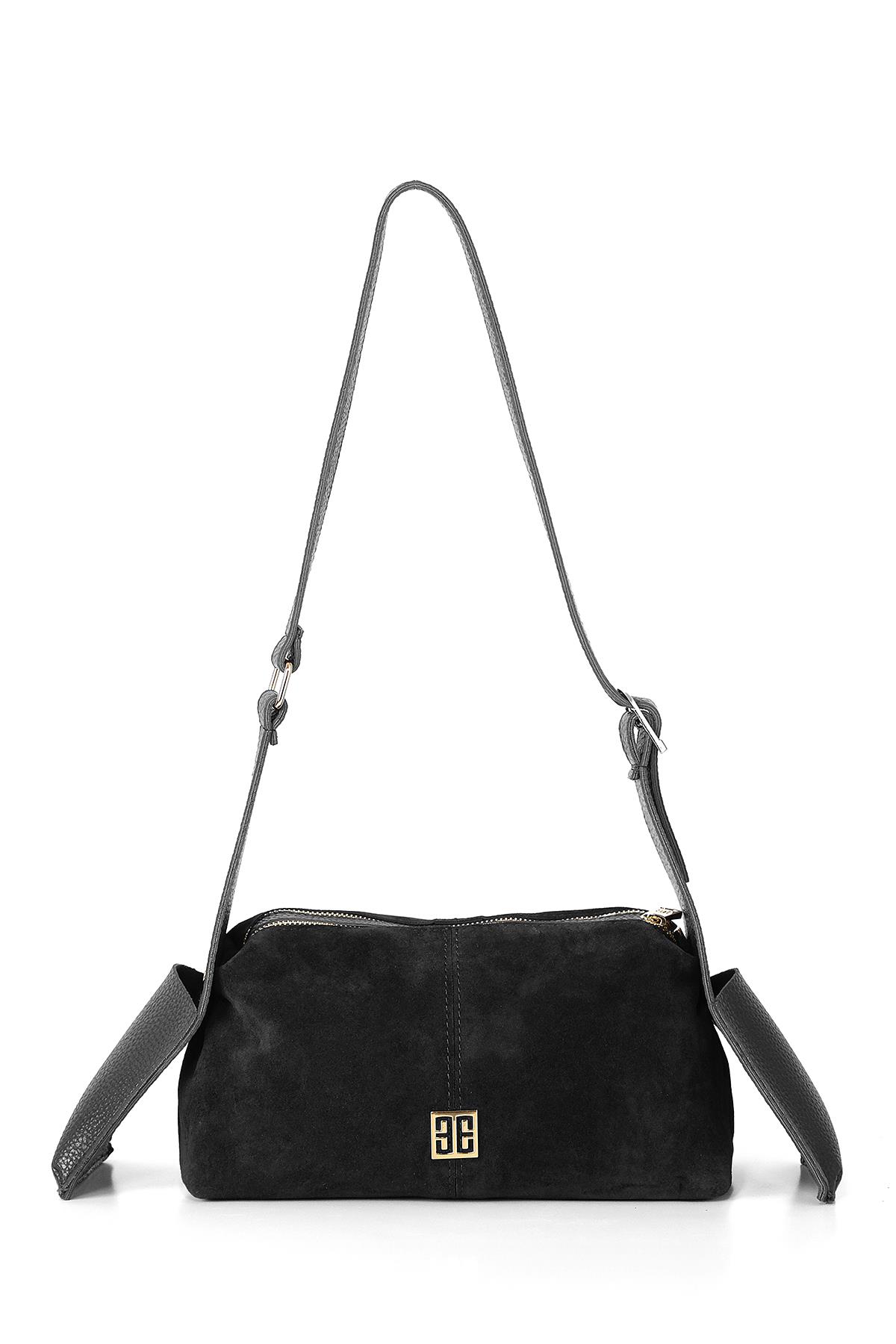 Vegan Deri Aksesuarlı Süet Çift Fermuarlı Günlük Çanta