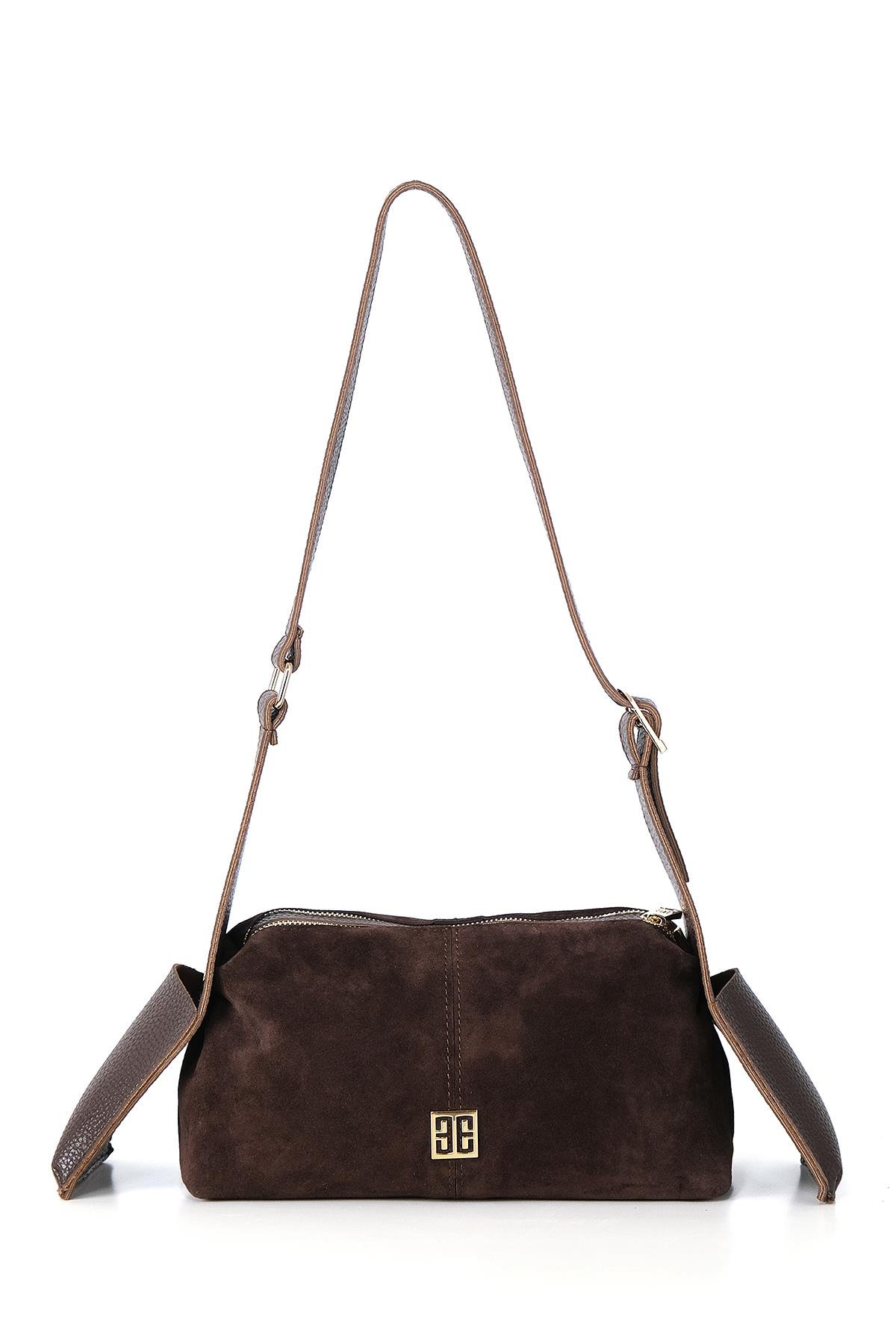 Vegan Deri Aksesuarlı Süet Çift Fermuarlı Günlük Çanta