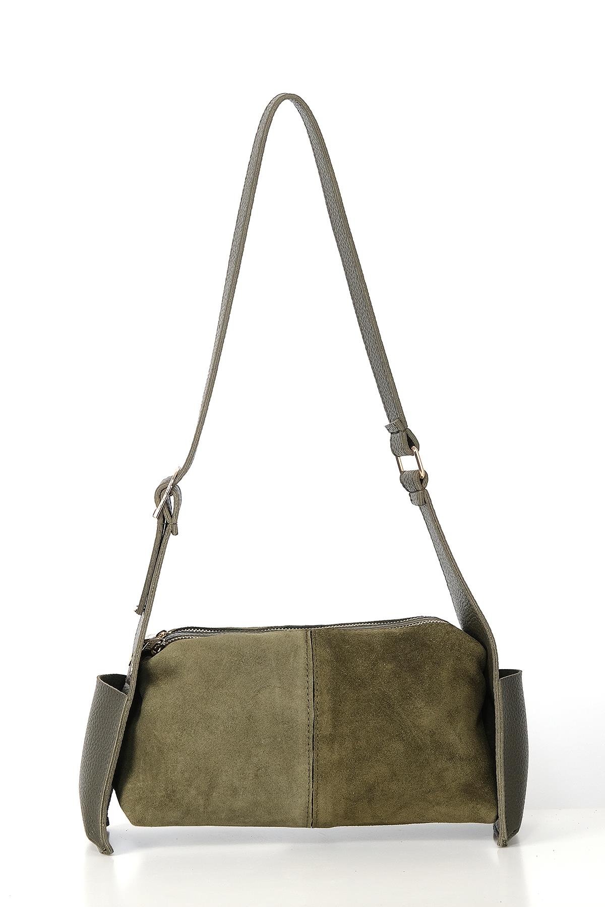 Vegan Deri Aksesuarlı Süet Çift Fermuarlı Günlük Çanta