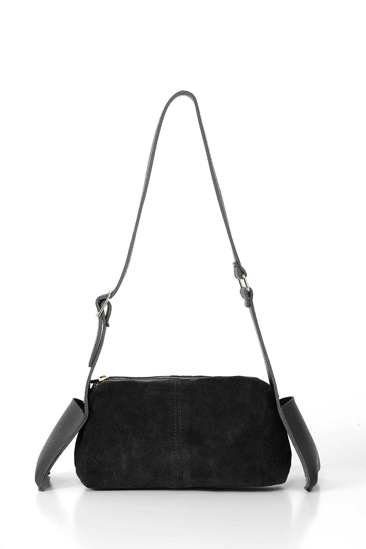 Vegan Deri Aksesuarlı Süet Çift Fermuarlı Günlük Çanta