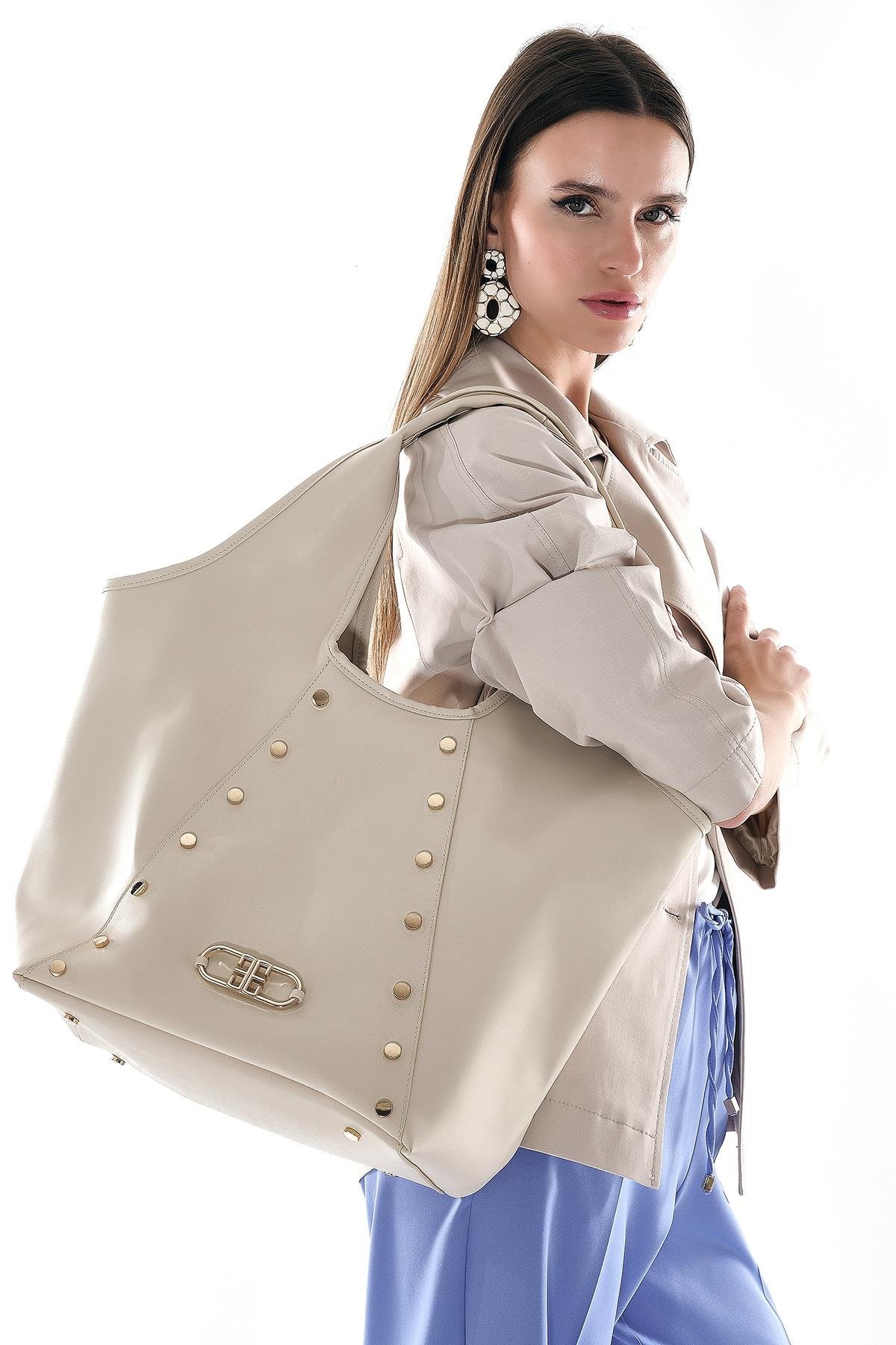 Vegan Deri, Süet Astarlı, Tasarımlı, Büyük, El Omuz Çanta