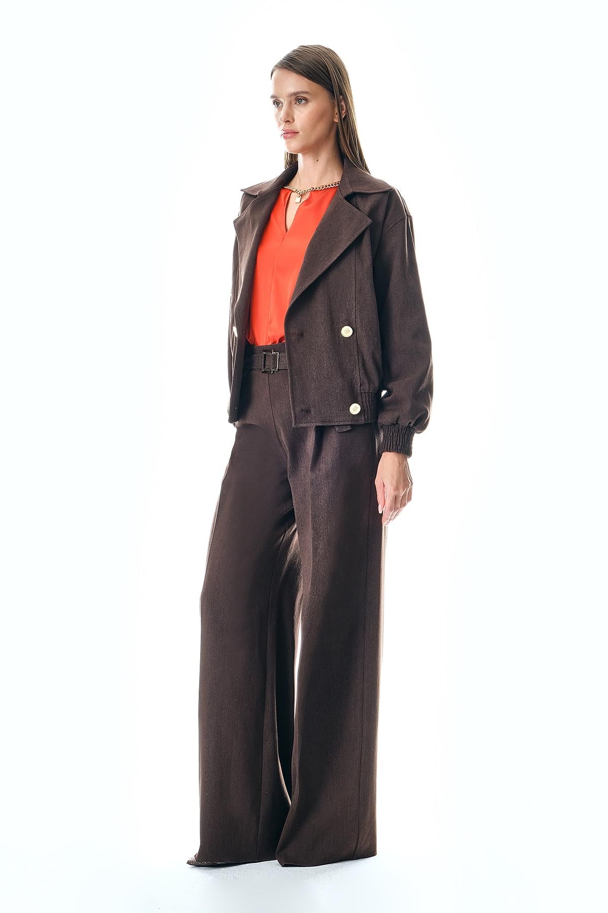 Yakalı Kruvaze Gold Düğmeli Oversize Ceket