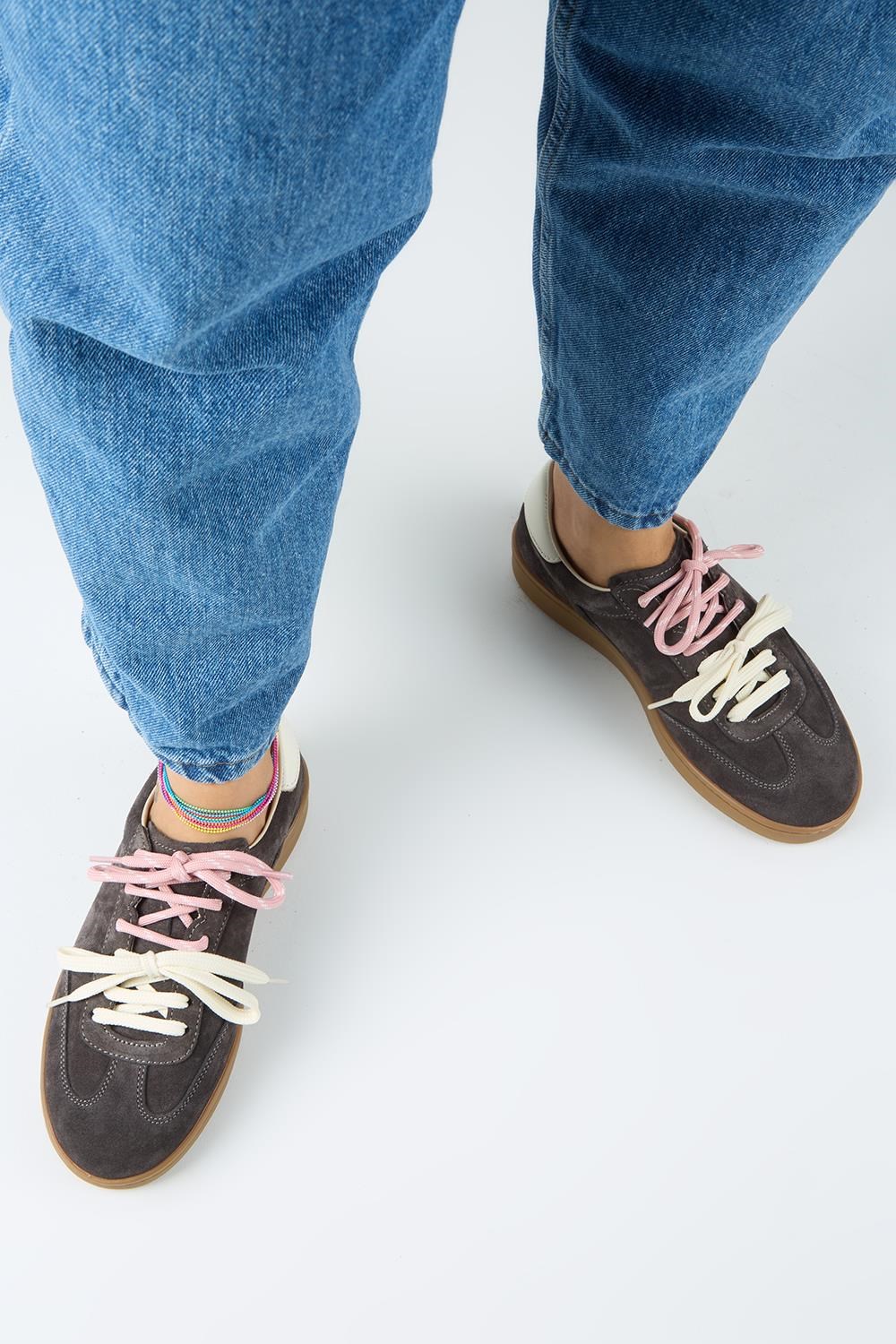 Krahe Barbella 2 Kadın Hakiki Deri Üç Ayrı Alternatif Bağcıklı Antrasit-Ekru Sneakers