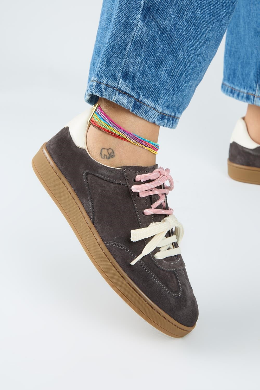 Krahe Barbella 2 Kadın Hakiki Deri Üç Ayrı Alternatif Bağcıklı Antrasit-Ekru Sneakers
