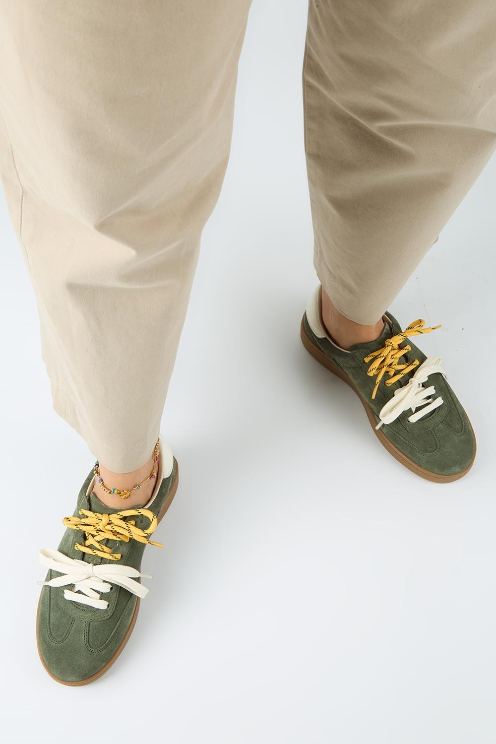 Krahe Barbella 2 Kadın Hakiki Deri Üç Ayrı Alternatif Bağcıklı Haki-Ekru Sneakers