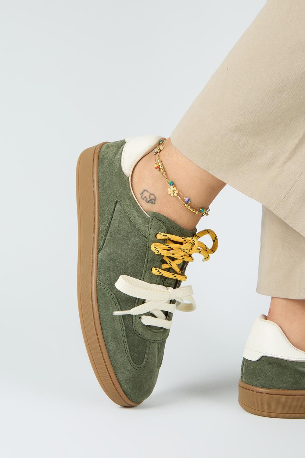 Krahe Barbella 2 Kadın Hakiki Deri Üç Ayrı Alternatif Bağcıklı Haki-Ekru Sneakers