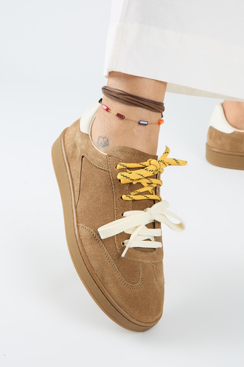 Krahe Barbella 2 Kadın Hakiki Deri Üç Ayrı Alternatif Bağcıklı Kum-Ekru Sneakers