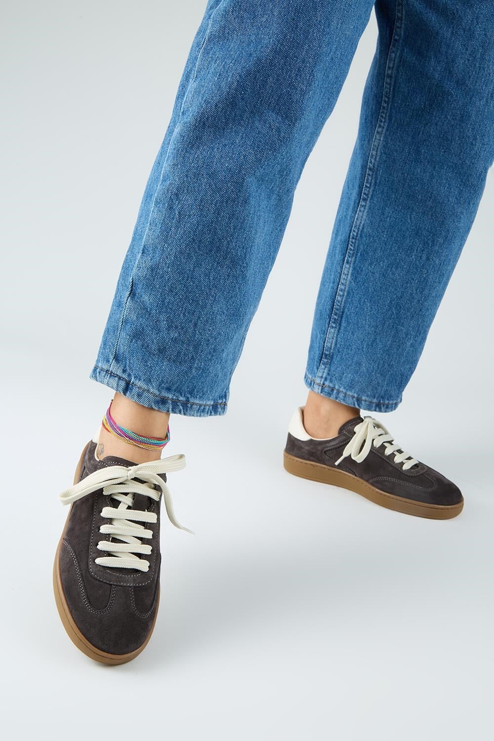 Krahe Barbella 2 Kadın Hakiki Deri Üç Ayrı Alternatif Bağcıklı Antrasit-Ekru Sneakers