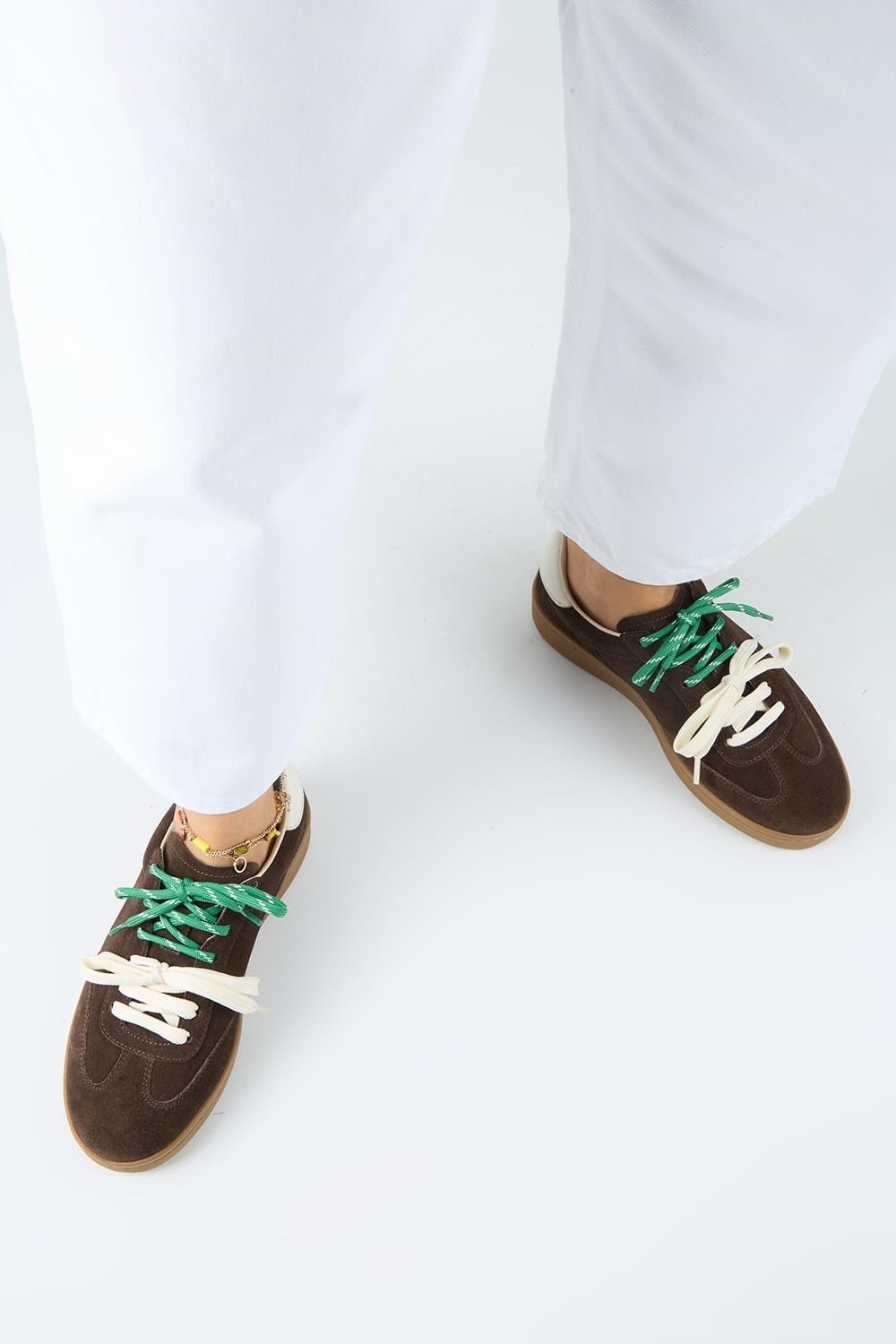 Krahe Barbella 2 Kadın Hakiki Deri Üç Ayrı Alternatif Bağcıklı Kahve-Ekru Sneakers