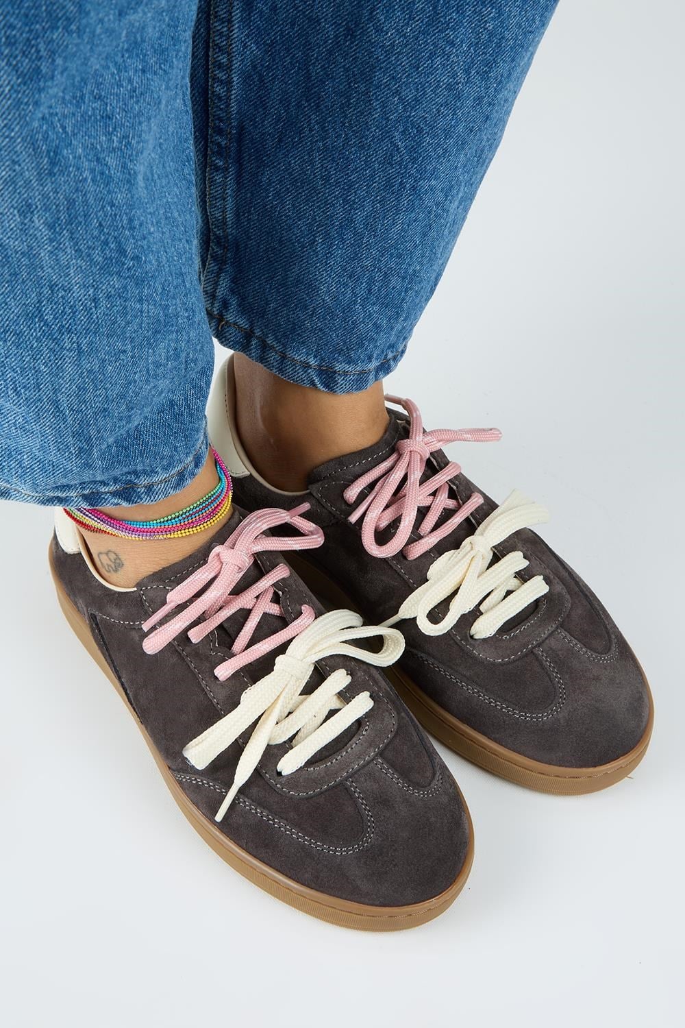Krahe Barbella 2 Kadın Hakiki Deri Üç Ayrı Alternatif Bağcıklı Antrasit-Ekru Sneakers