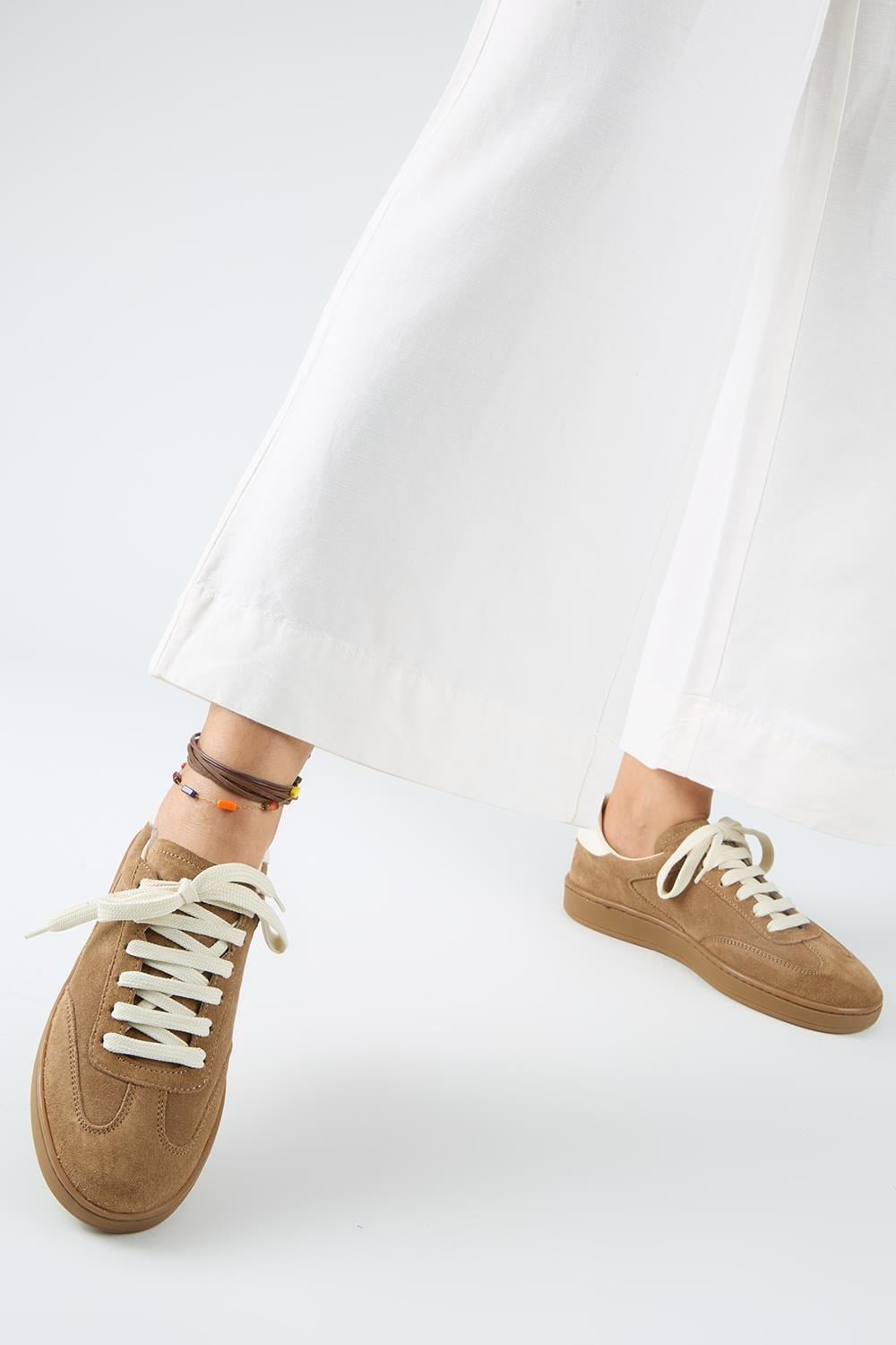 Krahe Barbella 2 Kadın Hakiki Deri Üç Ayrı Alternatif Bağcıklı Kum-Ekru Sneakers