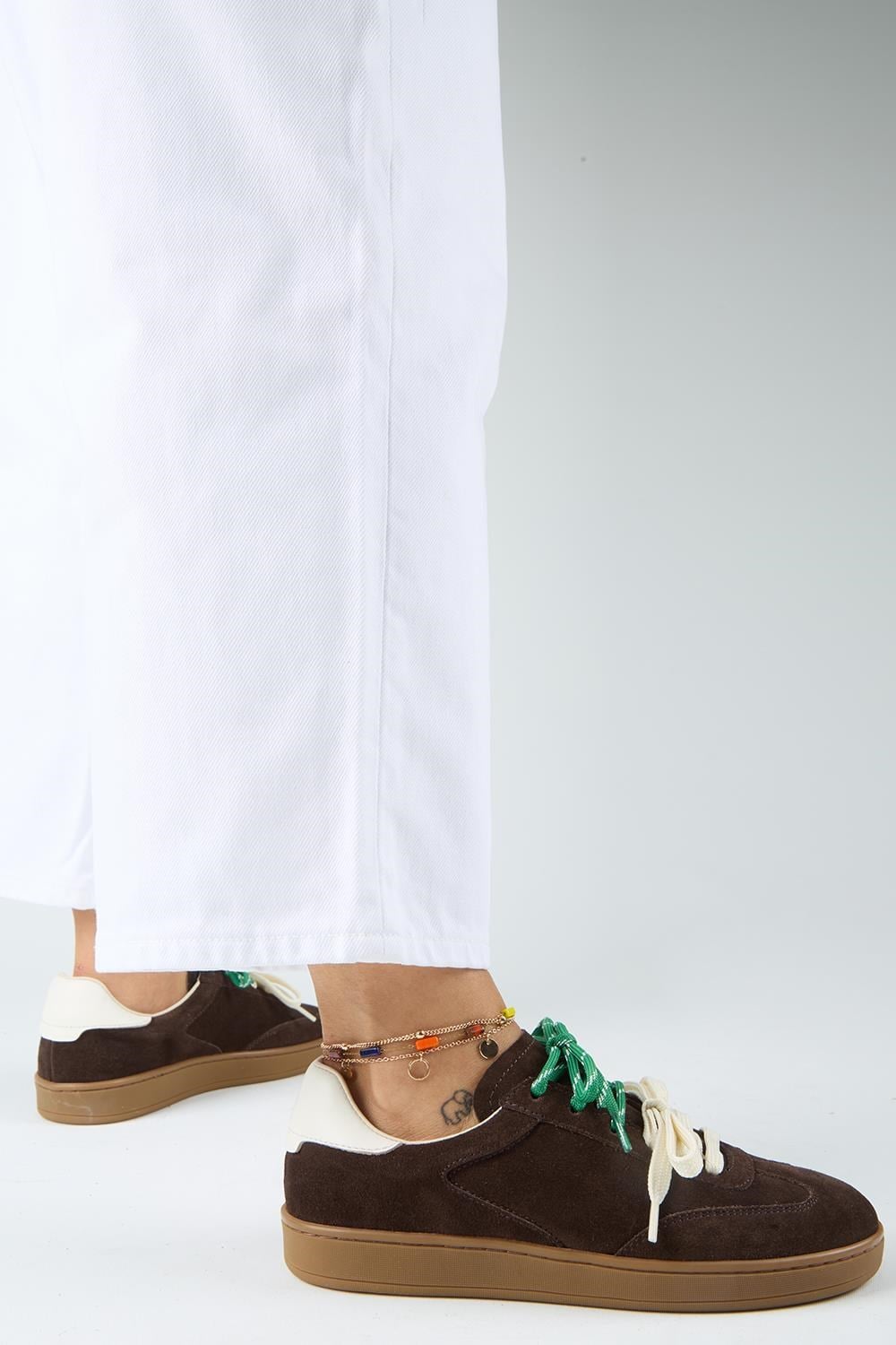 Krahe Barbella 2 Kadın Hakiki Deri Üç Ayrı Alternatif Bağcıklı Kahve-Ekru Sneakers