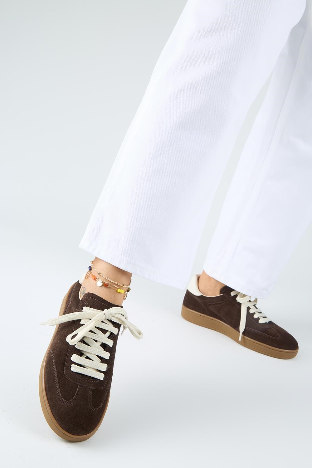 Krahe Barbella 2 Kadın Hakiki Deri Üç Ayrı Alternatif Bağcıklı Kahve-Ekru Sneakers
