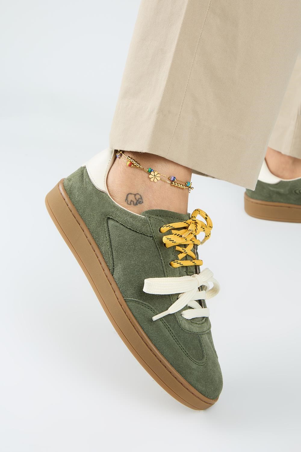 Krahe Barbella 2 Kadın Hakiki Deri Üç Ayrı Alternatif Bağcıklı Haki-Ekru Sneakers