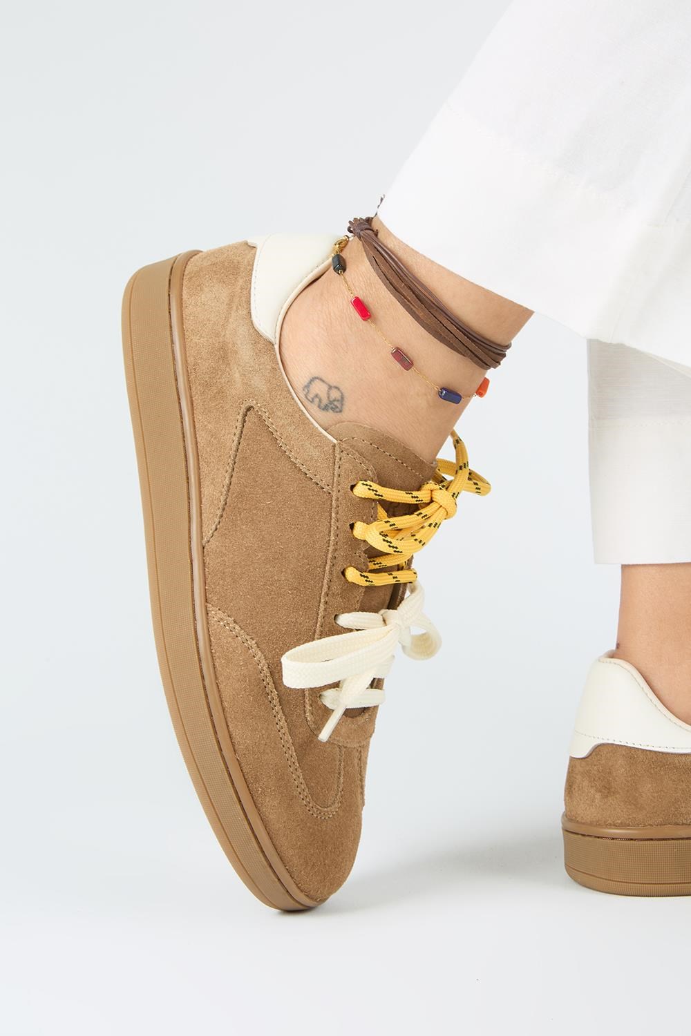 Krahe Barbella 2 Kadın Hakiki Deri Üç Ayrı Alternatif Bağcıklı Kum-Ekru Sneakers