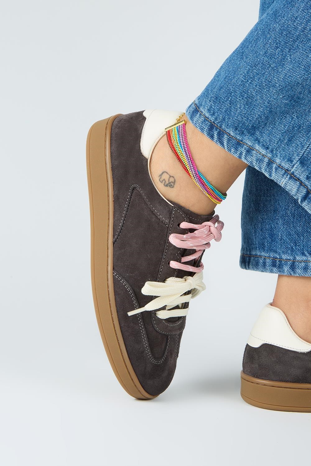 Krahe Barbella 2 Kadın Hakiki Deri Üç Ayrı Alternatif Bağcıklı Antrasit-Ekru Sneakers