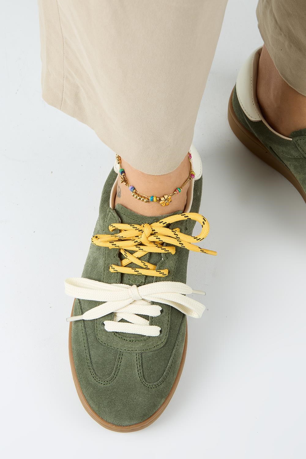 Krahe Barbella 2 Kadın Hakiki Deri Üç Ayrı Alternatif Bağcıklı Haki-Ekru Sneakers