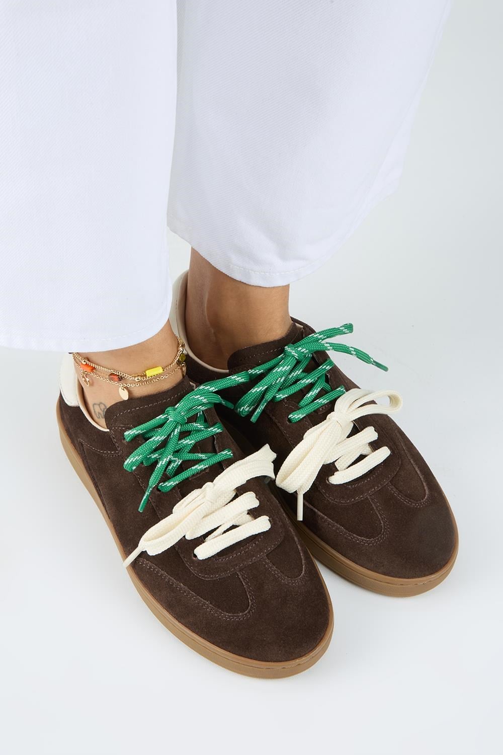 Krahe Barbella 2 Kadın Hakiki Deri Üç Ayrı Alternatif Bağcıklı Kahve-Ekru Sneakers