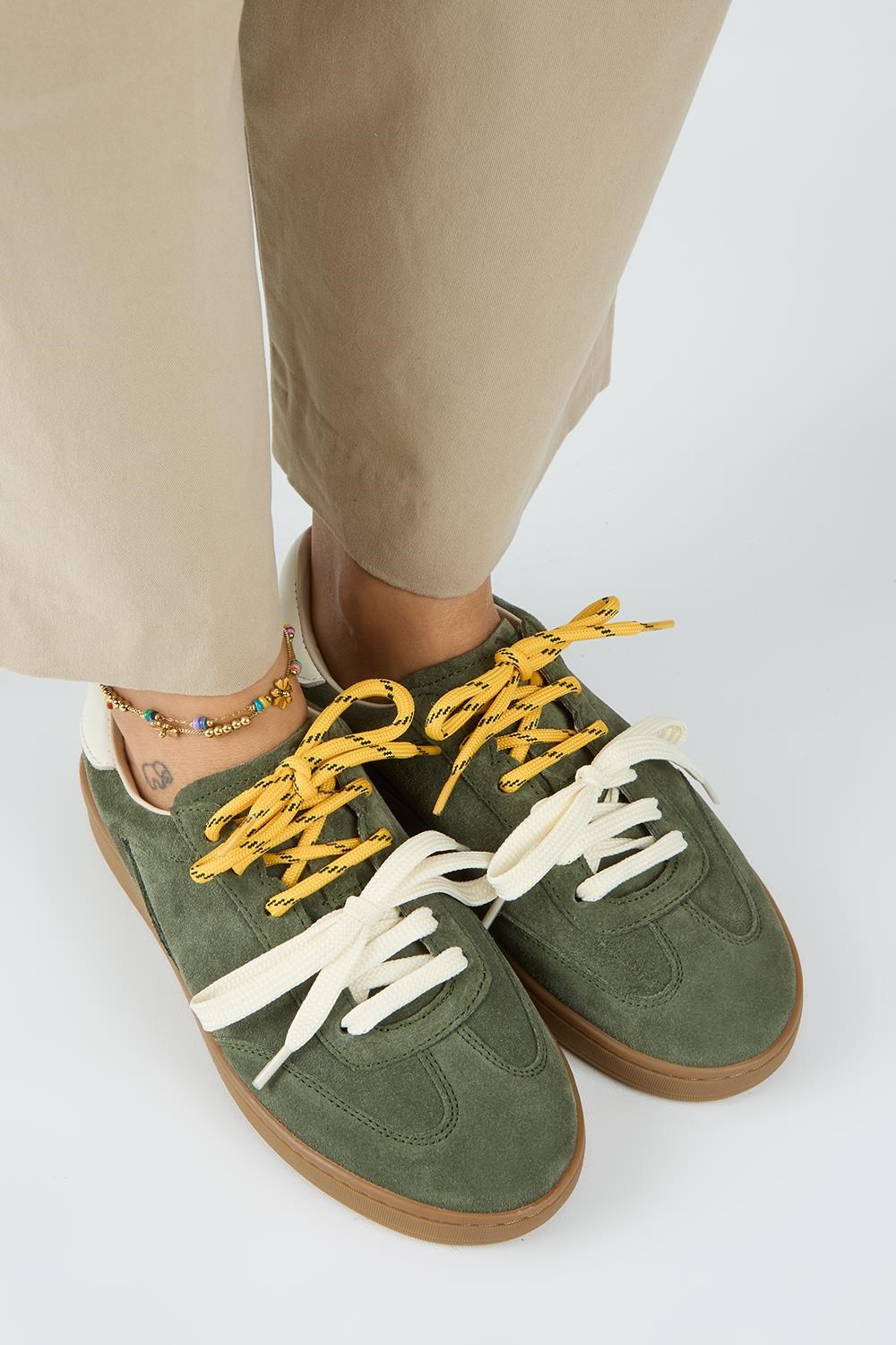 Krahe Barbella 2 Kadın Hakiki Deri Üç Ayrı Alternatif Bağcıklı Haki-Ekru Sneakers