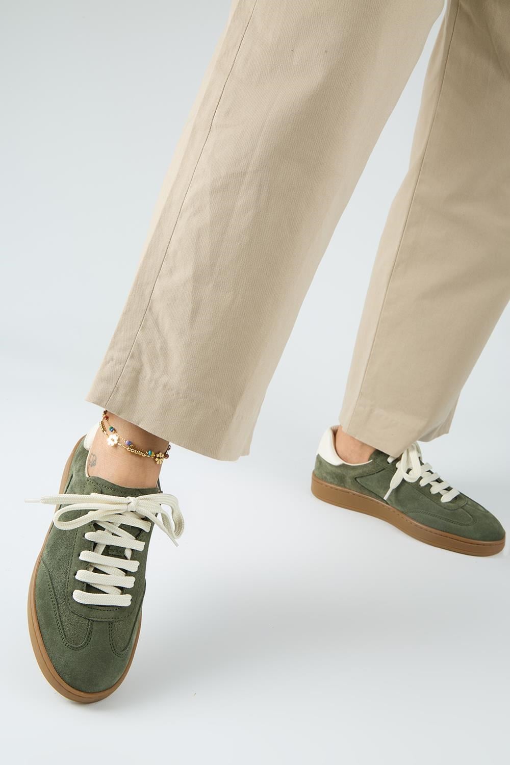 Krahe Barbella 2 Kadın Hakiki Deri Üç Ayrı Alternatif Bağcıklı Haki-Ekru Sneakers