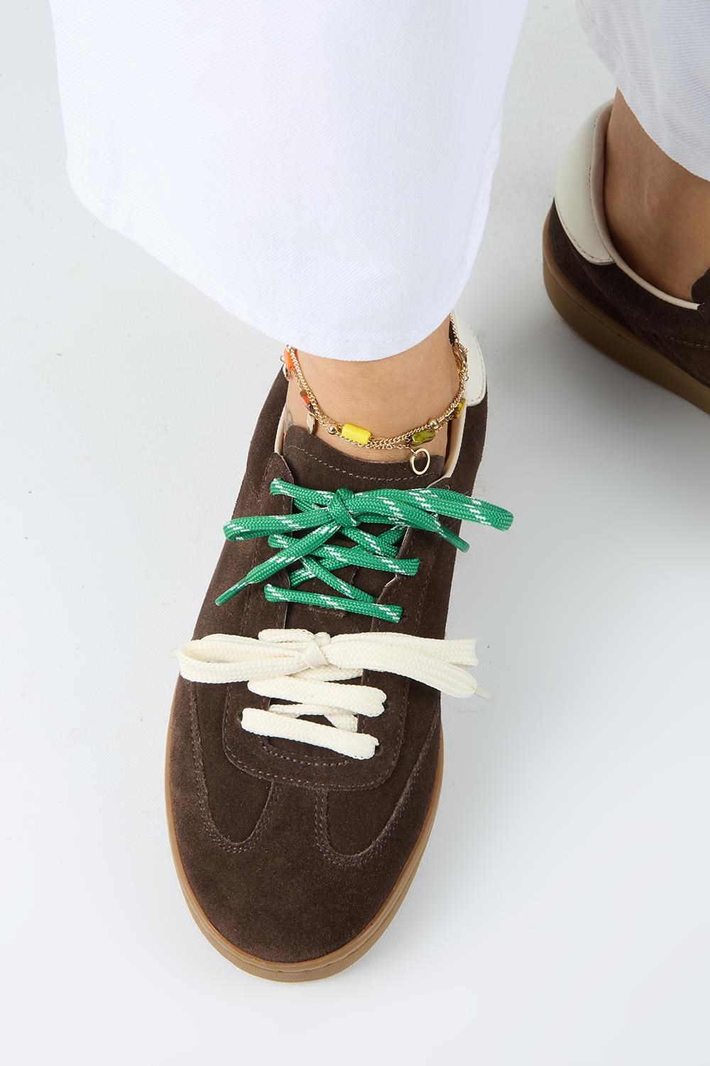 Krahe Barbella 2 Kadın Hakiki Deri Üç Ayrı Alternatif Bağcıklı Kahve-Ekru Sneakers