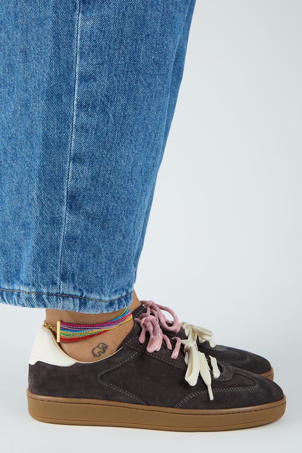 Krahe Barbella 2 Kadın Hakiki Deri Üç Ayrı Alternatif Bağcıklı Antrasit-Ekru Sneakers