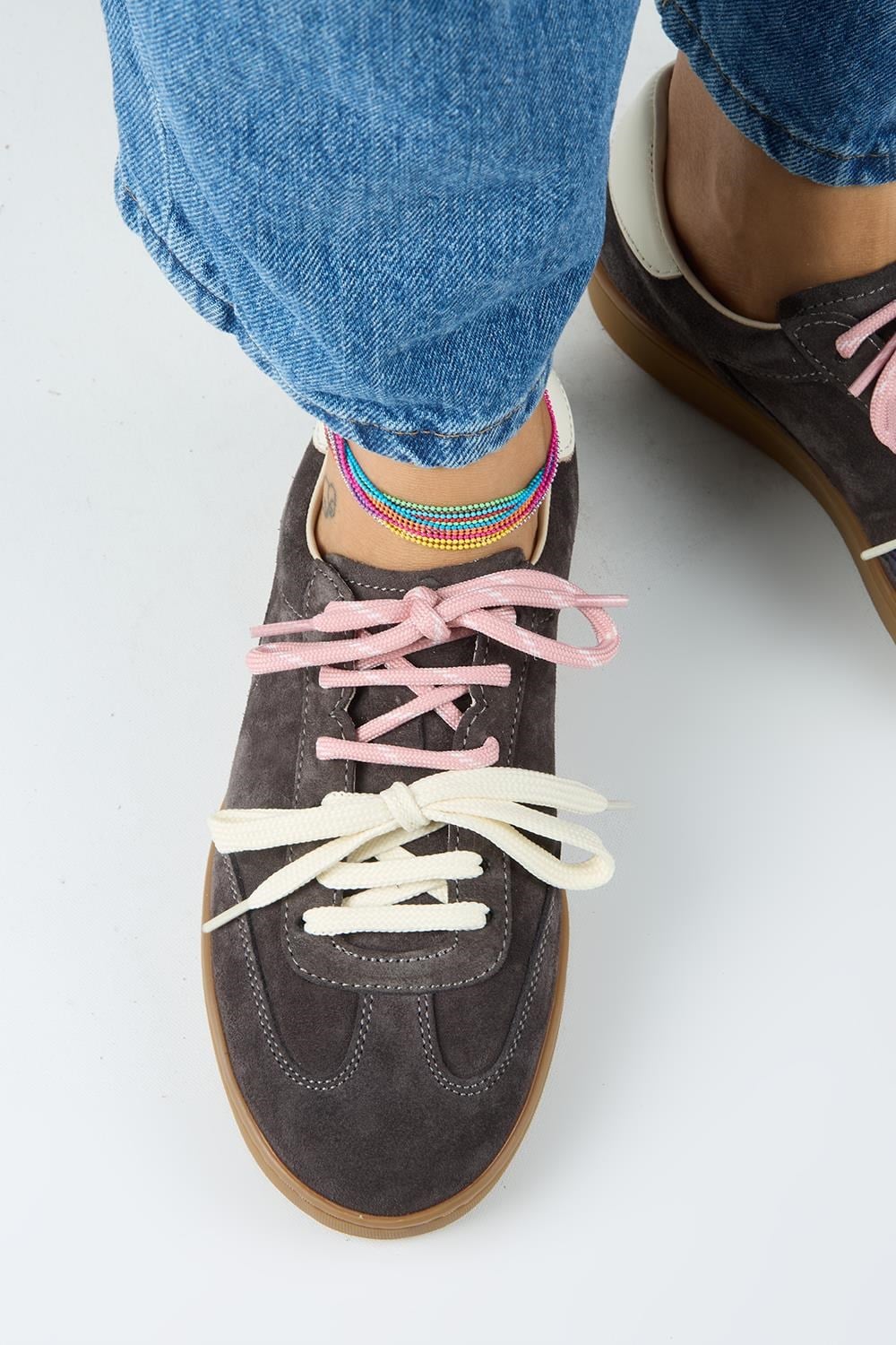 Krahe Barbella 2 Kadın Hakiki Deri Üç Ayrı Alternatif Bağcıklı Antrasit-Ekru Sneakers