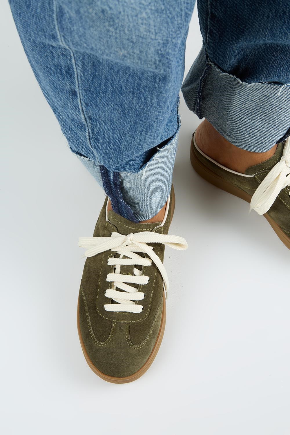 Krahe Barbella Kadın Hakiki Deri Bağcıklı Sabo Haki Sneakers