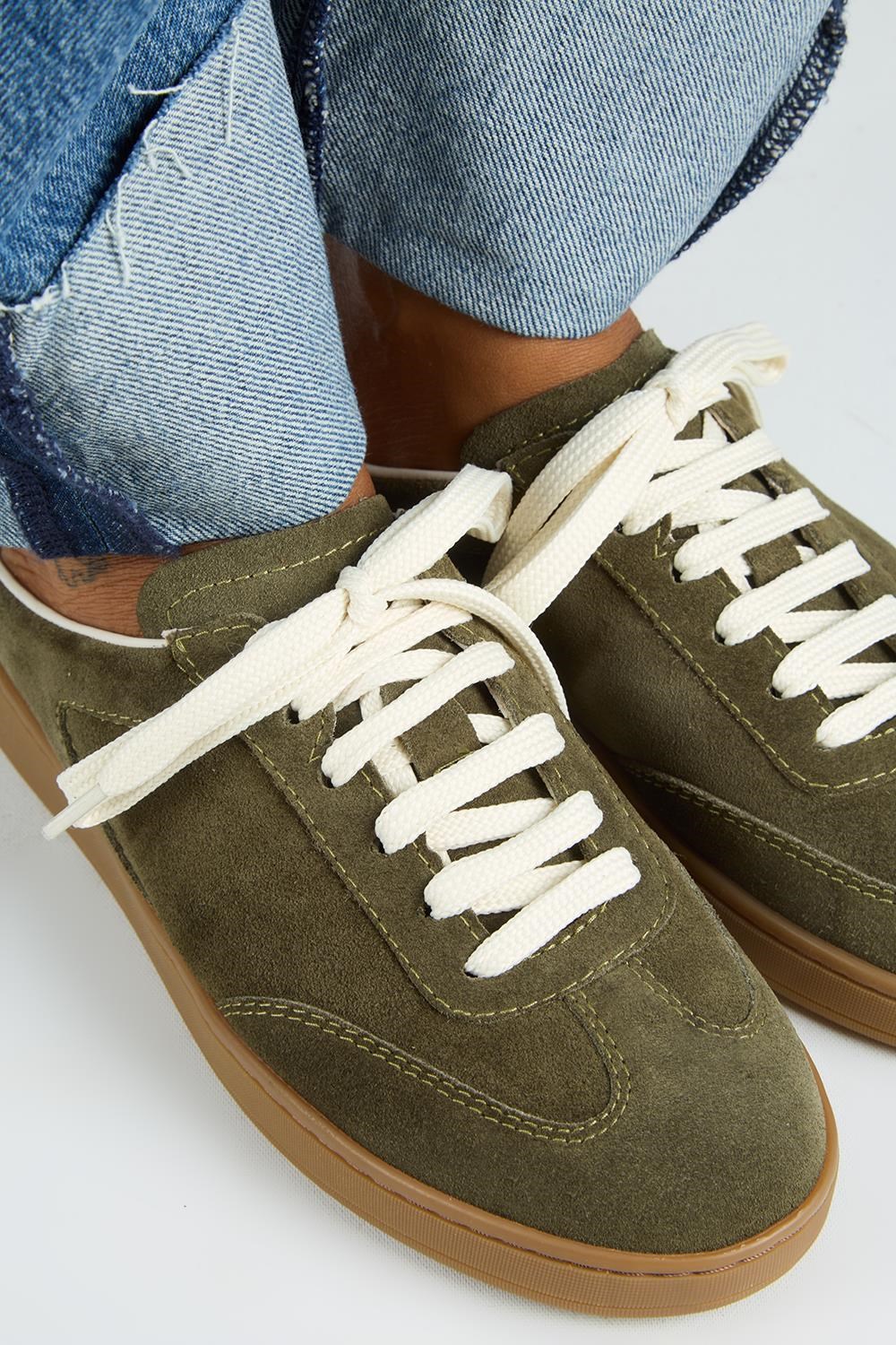 Krahe Barbella Kadın Hakiki Deri Bağcıklı Sabo Haki Sneakers