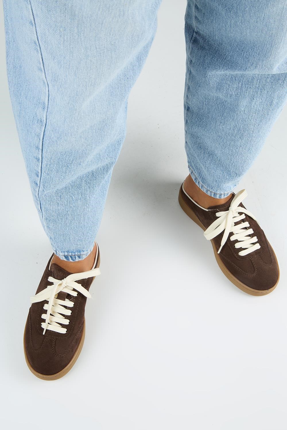 Krahe Barbella Kadın Hakiki Deri Bağcıklı Sabo Kahve Sneakers