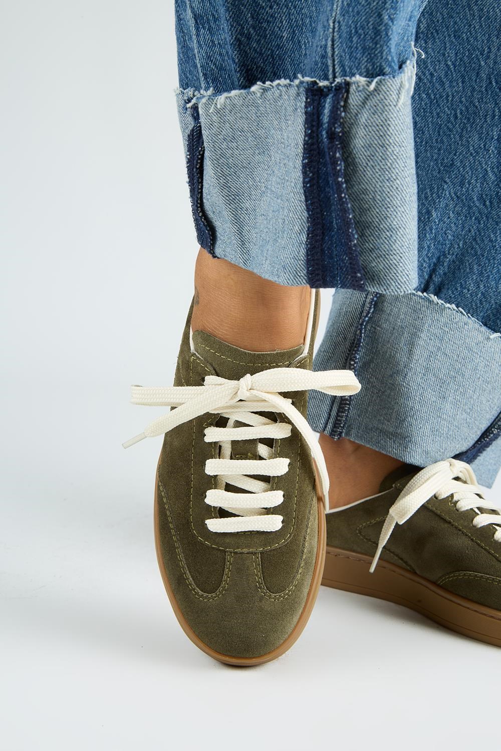Krahe Barbella Kadın Hakiki Deri Bağcıklı Sabo Haki Sneakers