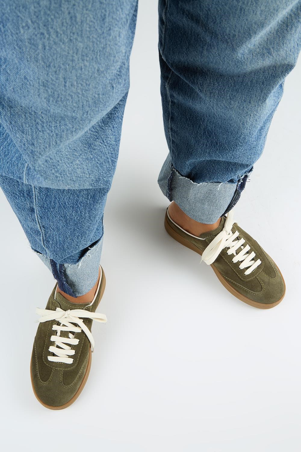 Krahe Barbella Kadın Hakiki Deri Bağcıklı Sabo Haki Sneakers