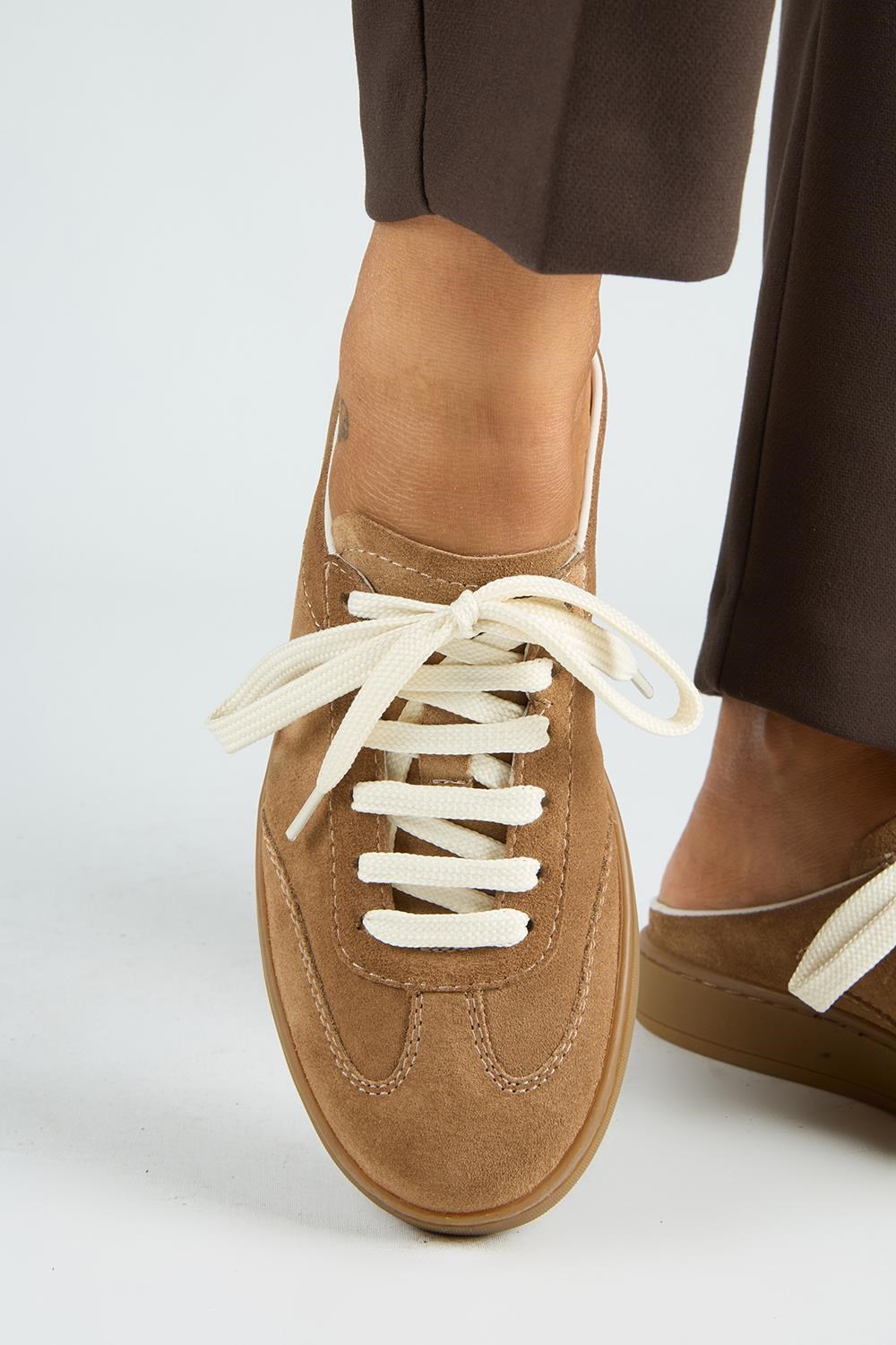 Krahe Barbella Kadın Hakiki Deri Bağcıklı Sabo Vizon Sneakers