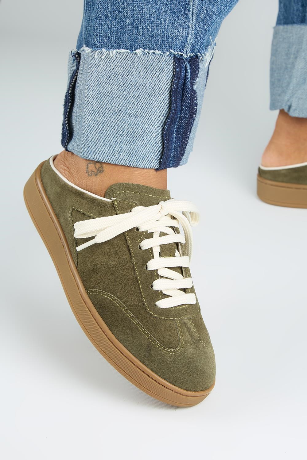 Krahe Barbella Kadın Hakiki Deri Bağcıklı Sabo Haki Sneakers
