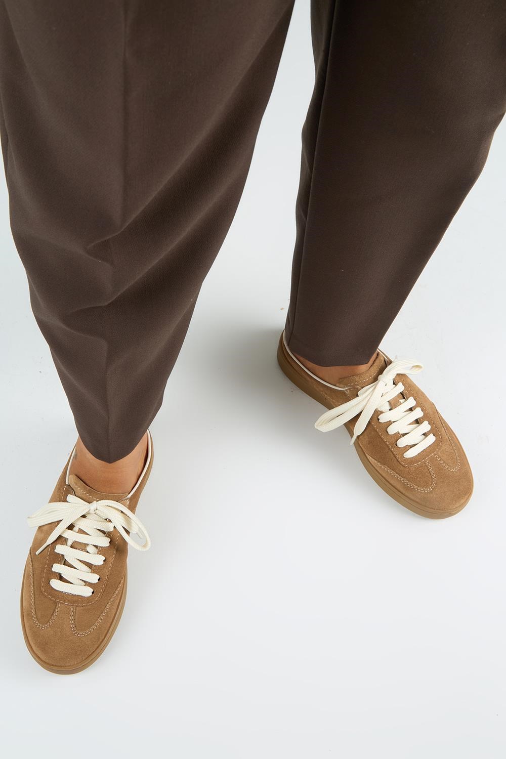 Krahe Barbella Kadın Hakiki Deri Bağcıklı Sabo Vizon Sneakers