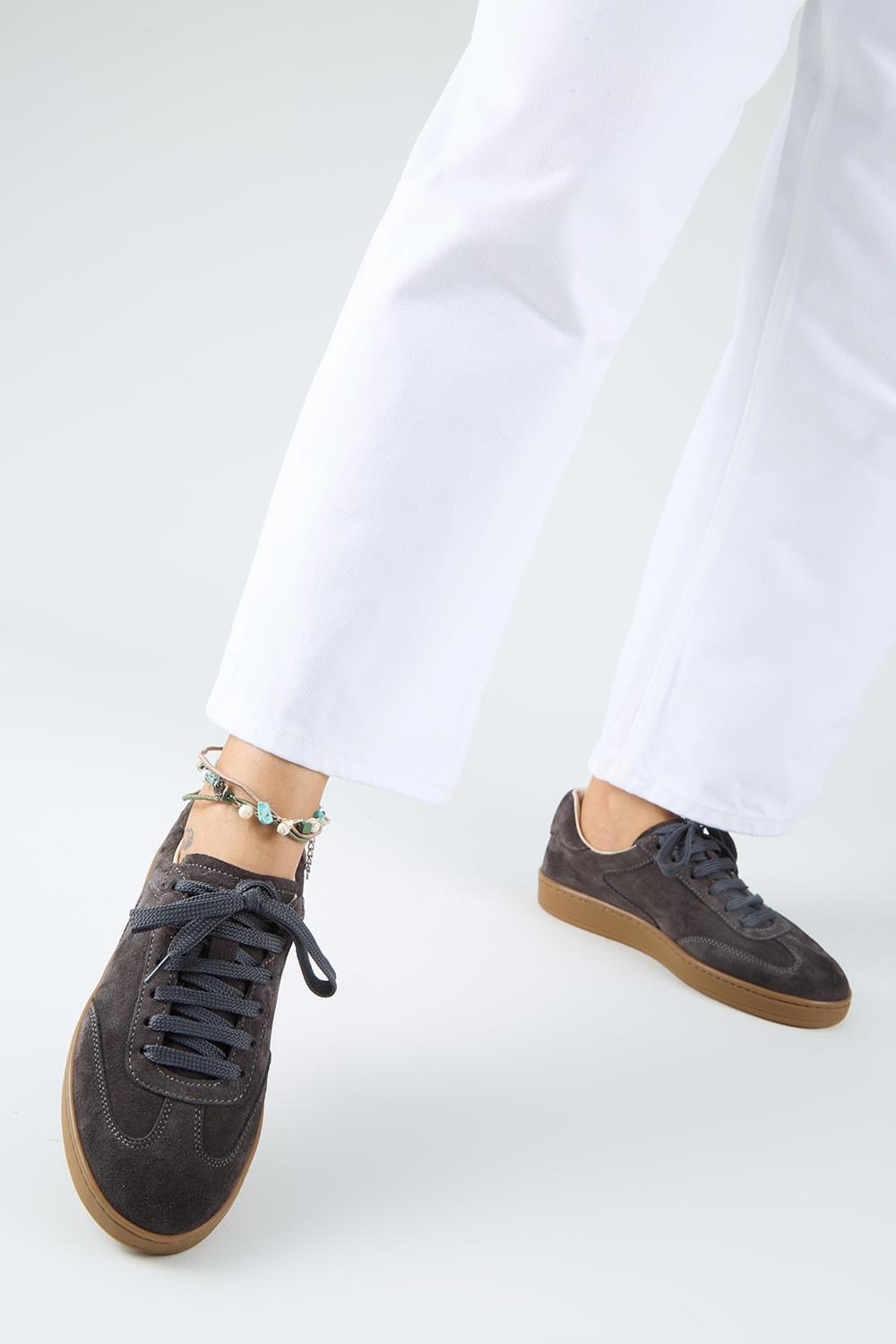 Krahe Barbella Kadın Hakiki Deri Üç Ayrı Alternatif Bağcıklı Antrasit Sneakers