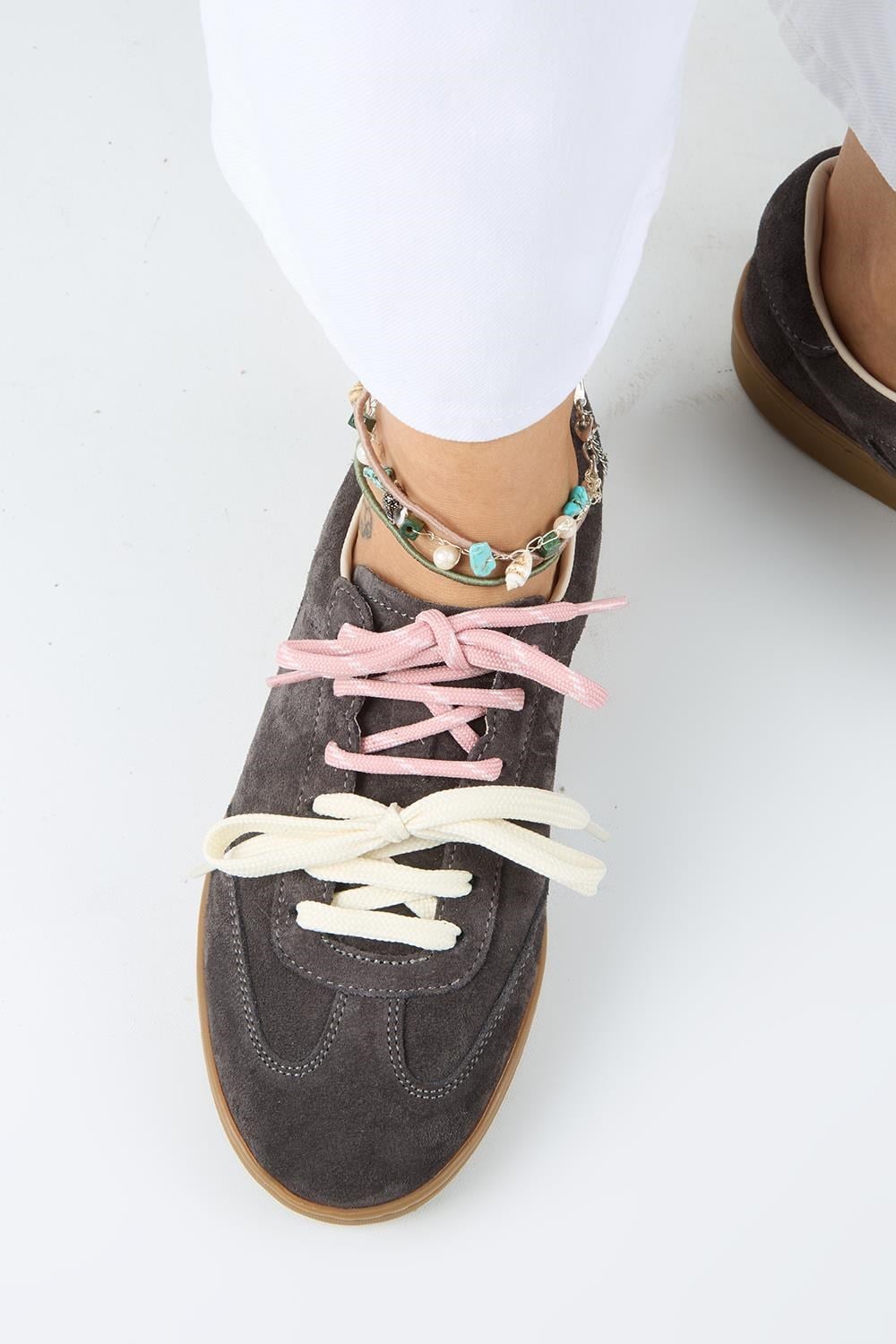 Krahe Barbella Kadın Hakiki Deri Üç Ayrı Alternatif Bağcıklı Antrasit Sneakers