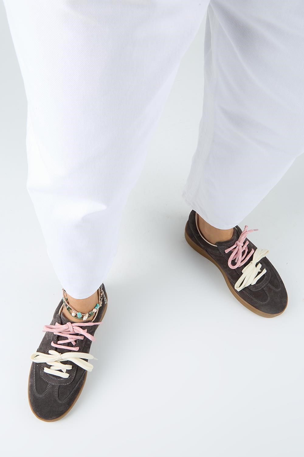 Krahe Barbella Kadın Hakiki Deri Üç Ayrı Alternatif Bağcıklı Antrasit Sneakers