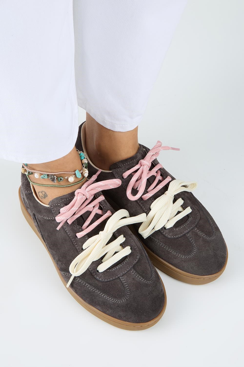 Krahe Barbella Kadın Hakiki Deri Üç Ayrı Alternatif Bağcıklı Antrasit Sneakers