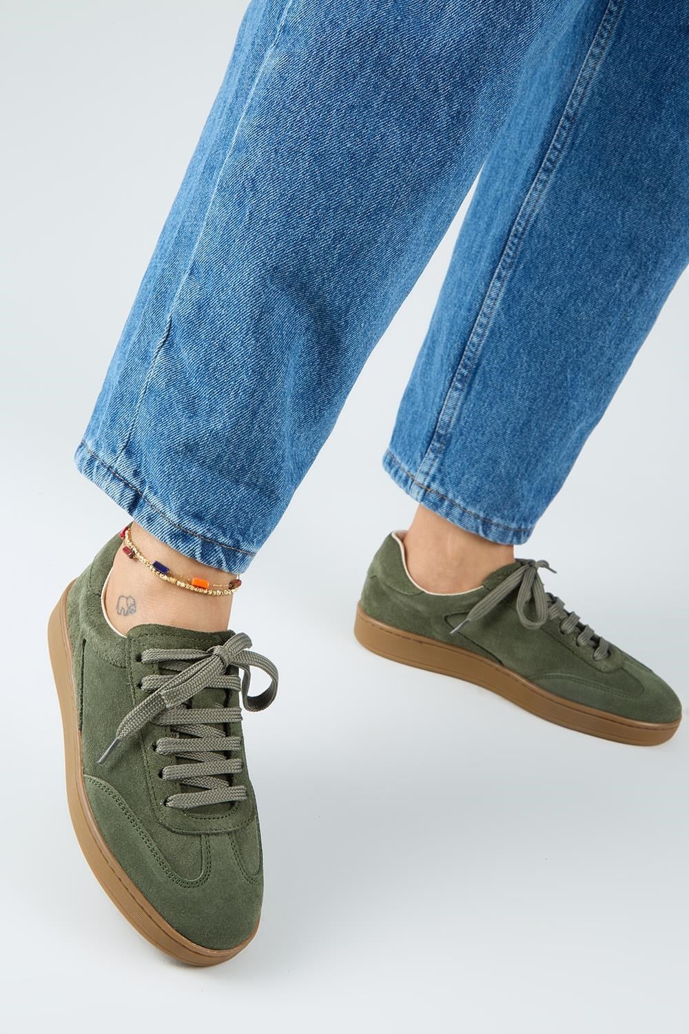 Krahe Barbella Kadın Hakiki Deri Üç Ayrı Alternatif Bağcıklı Haki Sneakers
