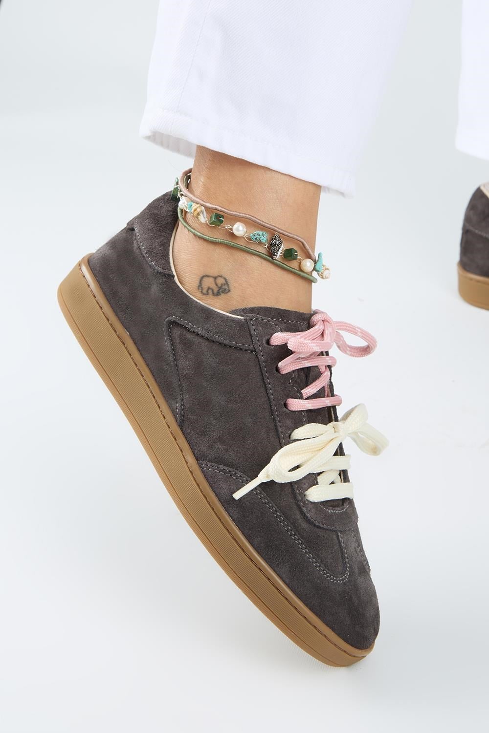 Krahe Barbella Kadın Hakiki Deri Üç Ayrı Alternatif Bağcıklı Antrasit Sneakers