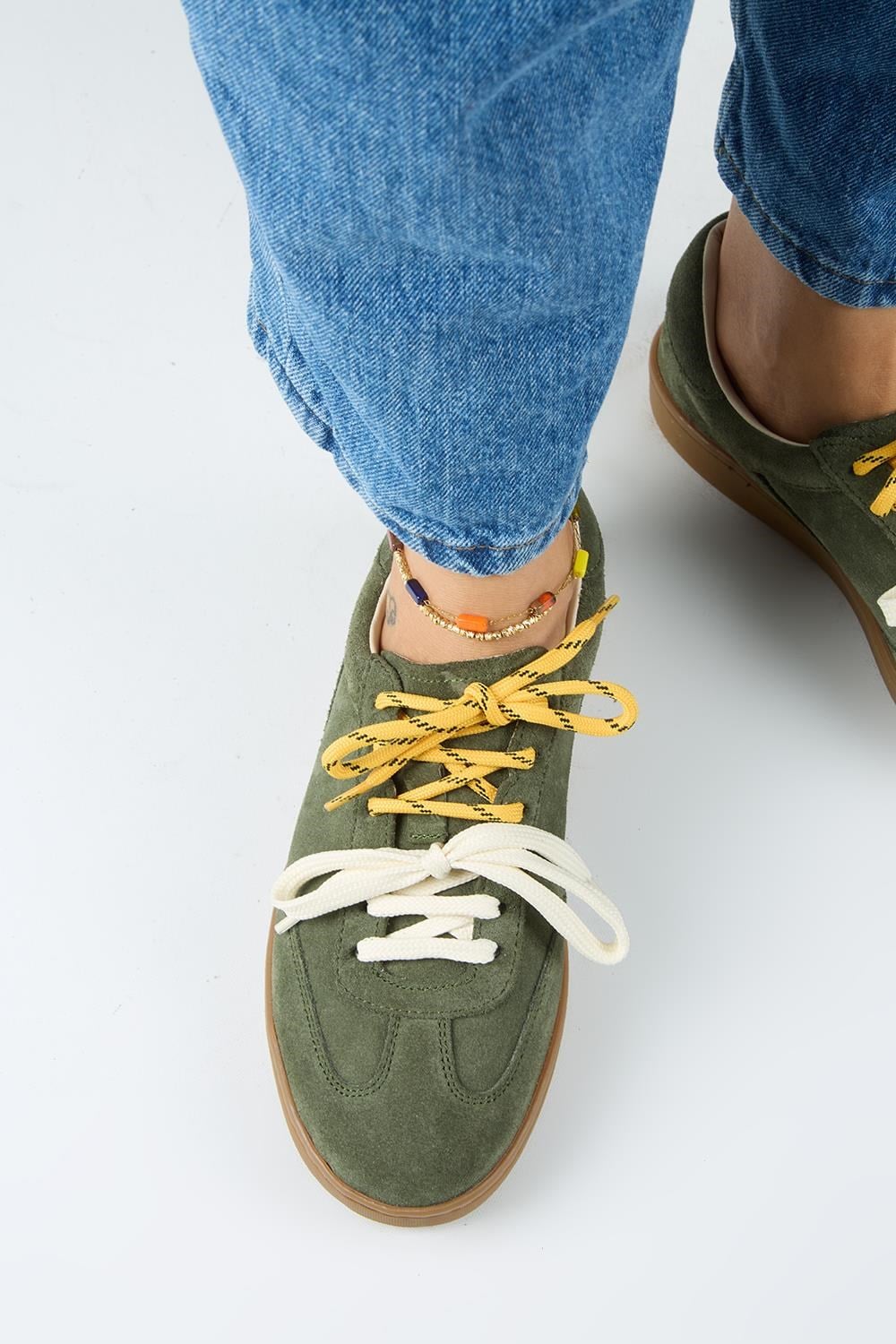 Krahe Barbella Kadın Hakiki Deri Üç Ayrı Alternatif Bağcıklı Haki Sneakers